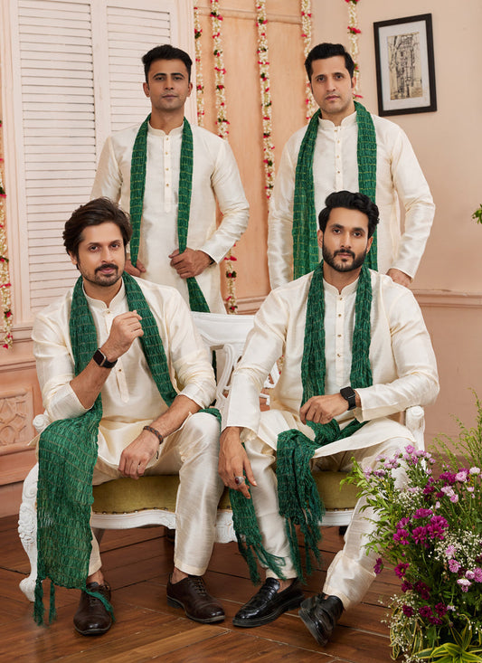 Cream Art Silk Mens Kurta Pajama Set With Stole