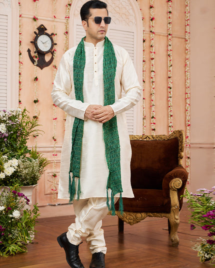 Cream Art Silk Mens Kurta Pajama Set With Stole