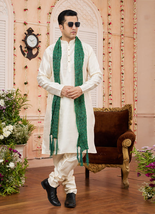 Cream Art Silk Mens Kurta Pajama Set With Stole