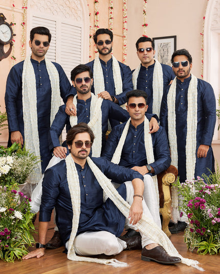 Midnight Blue Art Silk Mens Kurta Pajama Set With Stole