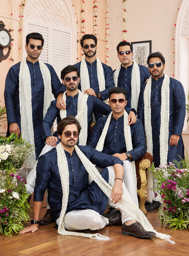 Midnight Blue Art Silk Mens Kurta Pajama Set With Stole