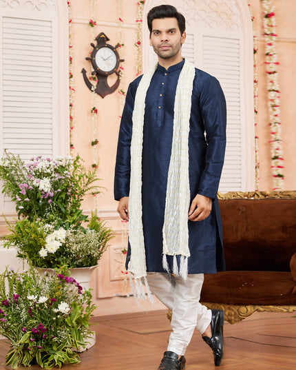 Midnight Blue Art Silk Mens Kurta Pajama Set With Stole