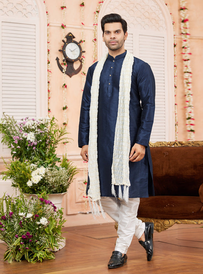 Midnight Blue Art Silk Mens Kurta Pajama Set With Stole
