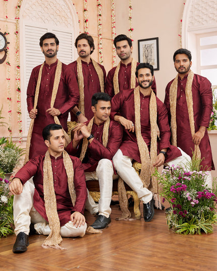 Maroon Art Silk Mens Kurta Pajama Set With Stole
