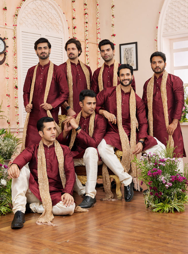 Maroon Art Silk Mens Kurta Pajama Set With Stole