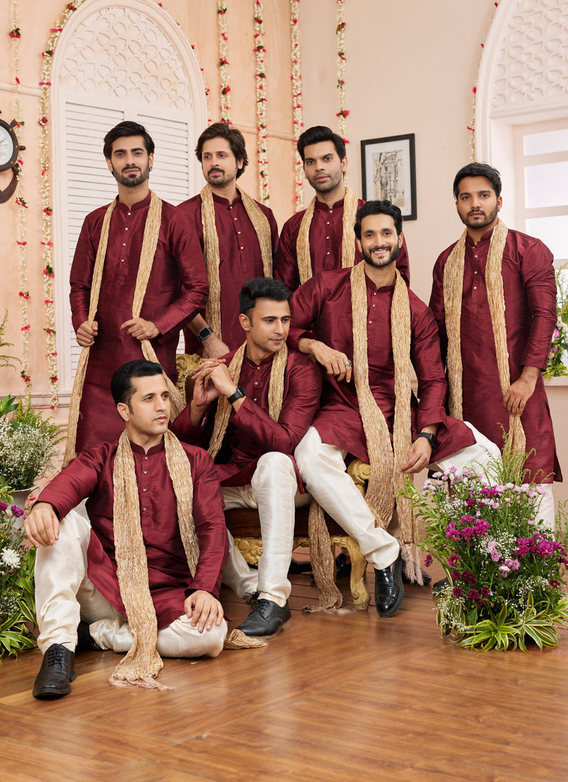 Maroon Art Silk Mens Kurta Pajama Set With Stole