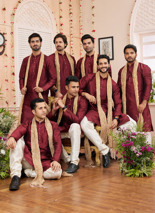 Maroon Art Silk Mens Kurta Pajama Set With Stole