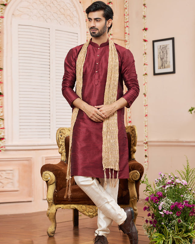 Maroon Art Silk Mens Kurta Pajama Set With Stole