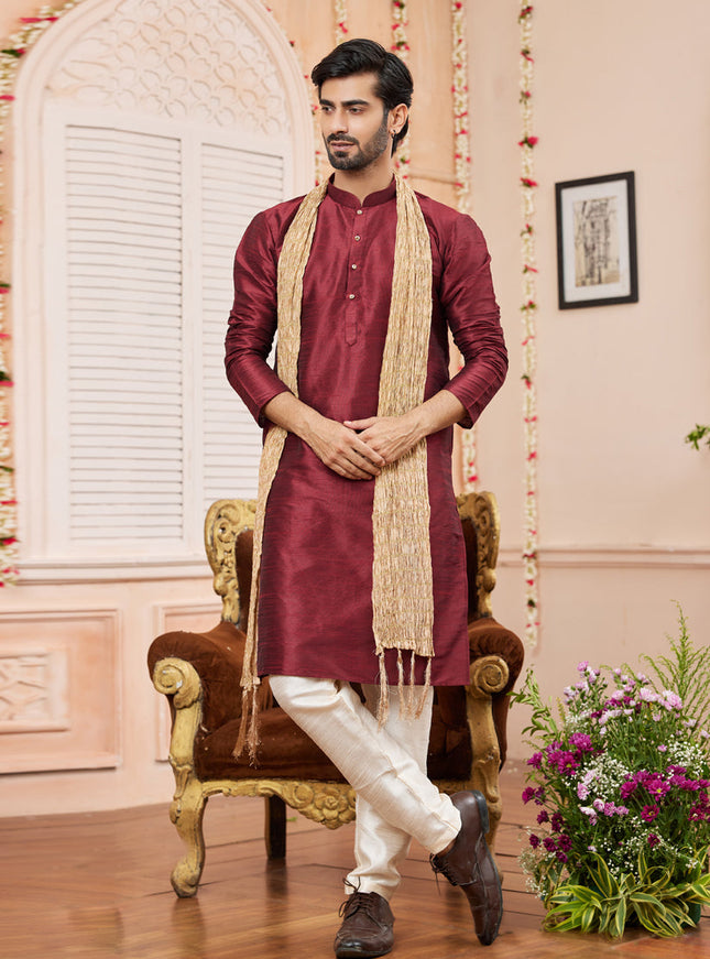 Maroon Art Silk Mens Kurta Pajama Set With Stole