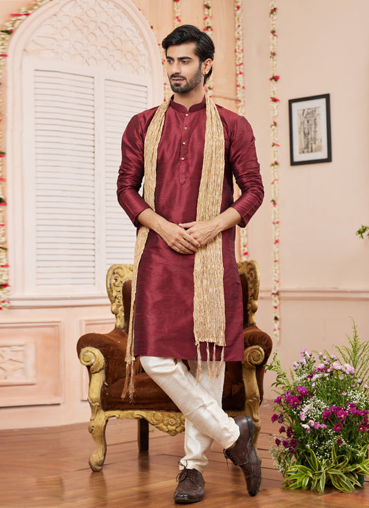 Maroon Art Silk Mens Kurta Pajama Set With Stole