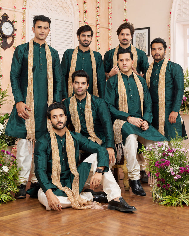 Pine Green Art Silk Mens Kurta Pajama Set With Stole