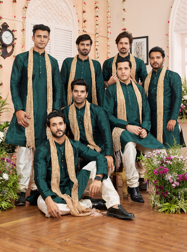 Pine Green Art Silk Mens Kurta Pajama Set With Stole