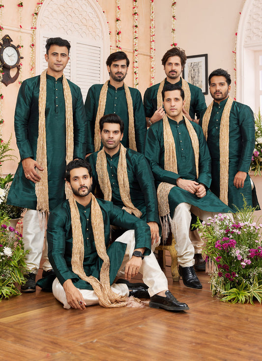 Pine Green Art Silk Mens Kurta Pajama Set With Stole