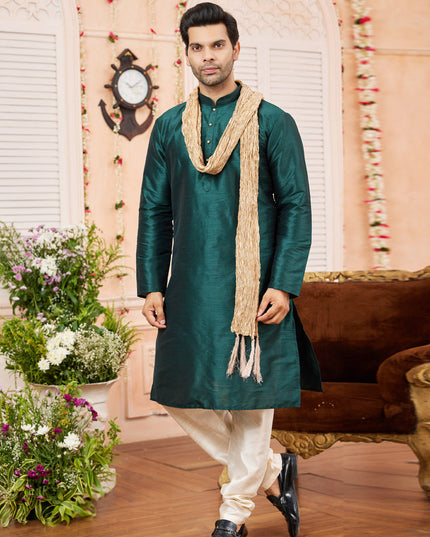 Pine Green Art Silk Mens Kurta Pajama Set With Stole