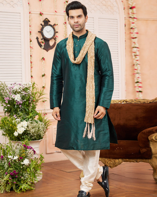 Pine Green Art Silk Mens Kurta Pajama Set With Stole