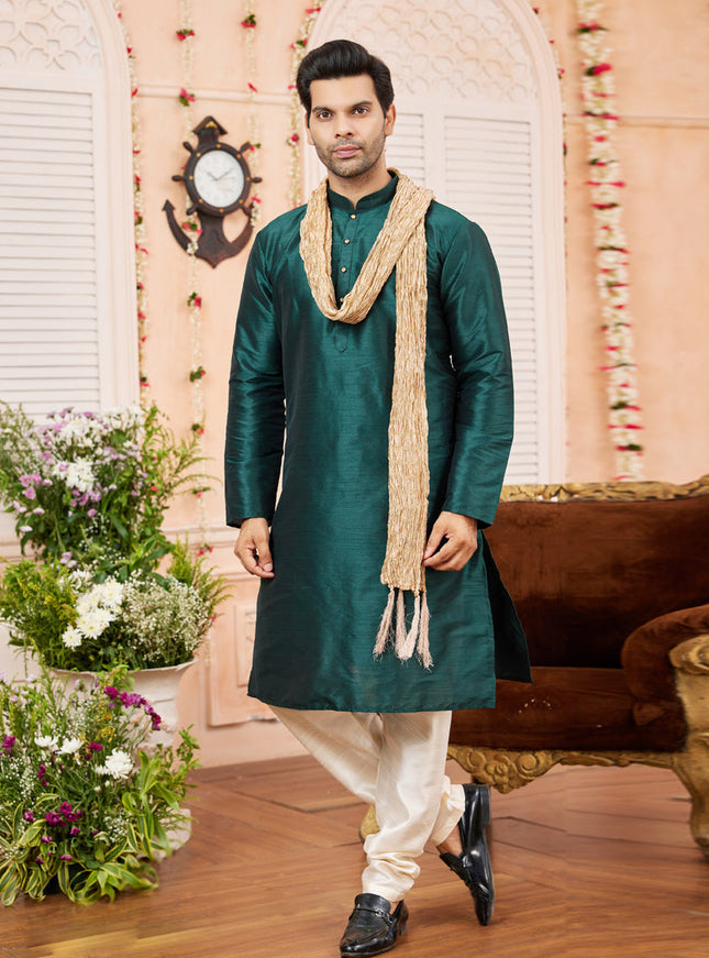 Pine Green Art Silk Mens Kurta Pajama Set With Stole