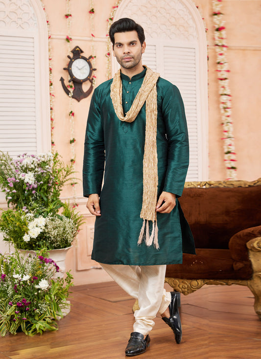 Pine Green Art Silk Mens Kurta Pajama Set With Stole