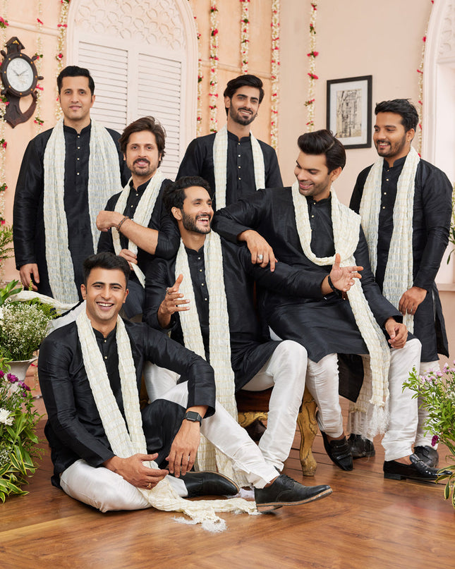 Black Art Silk Mens Kurta Pajama Set With Stole
