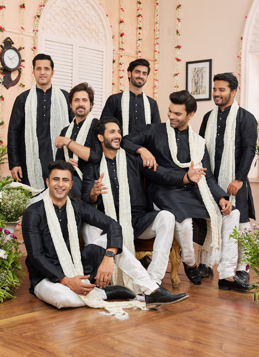 Black Art Silk Mens Kurta Pajama Set With Stole