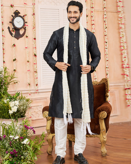 Black Art Silk Mens Kurta Pajama Set With Stole
