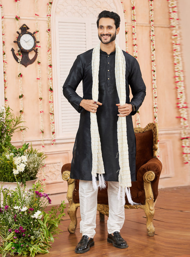 Black Art Silk Mens Kurta Pajama Set With Stole