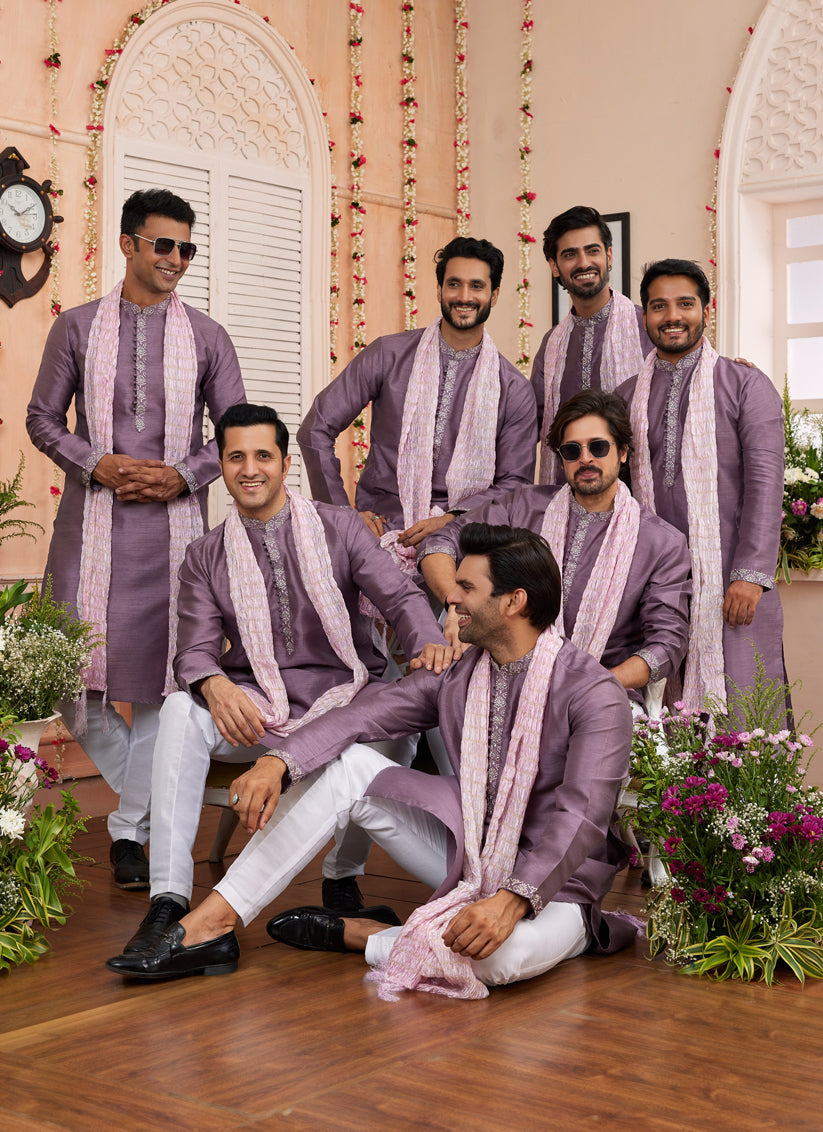 Mauve Art Banarasi Silk Mens Kurta Pajama Set With Stole