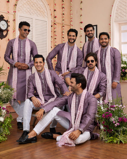 Mauve Art Banarasi Silk Mens Kurta Pajama Set With Stole