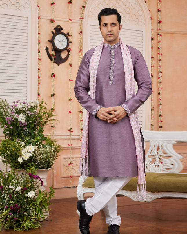 Mauve Art Banarasi Silk Mens Kurta Pajama Set With Stole