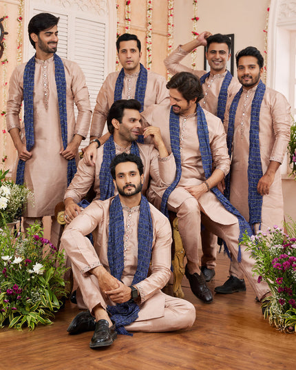 Beige Art Banarasi Silk Mens Kurta Pajama Set With Stole