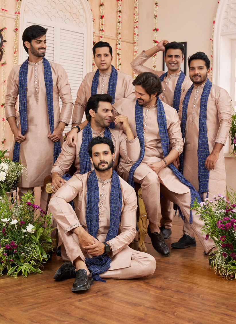 Beige Art Banarasi Silk Mens Kurta Pajama Set With Stole