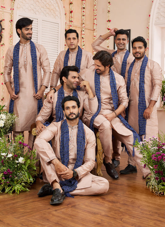 Beige Art Banarasi Silk Mens Kurta Pajama Set With Stole