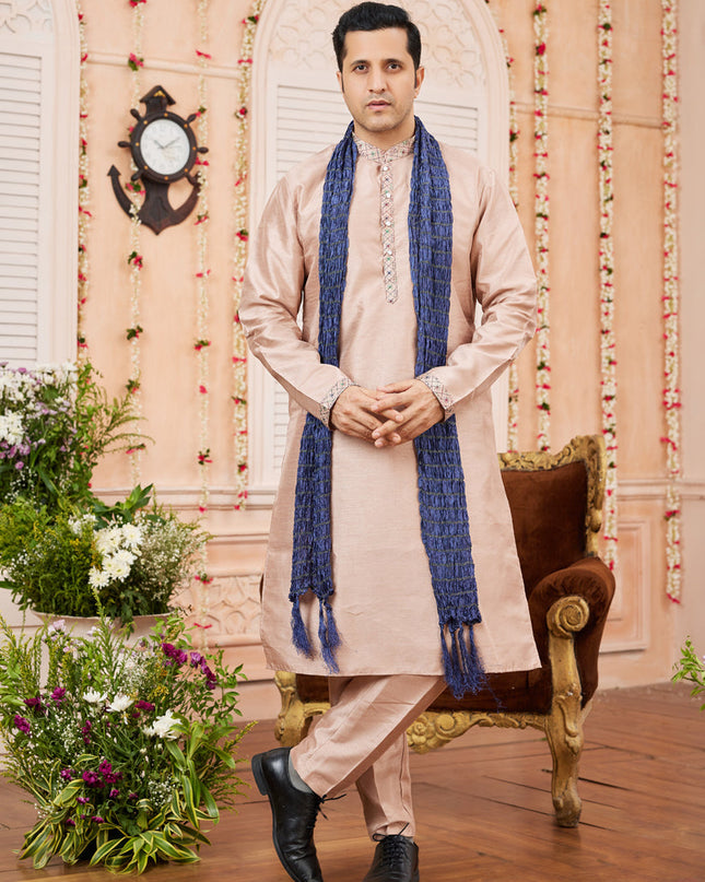 Beige Art Banarasi Silk Mens Kurta Pajama Set With Stole