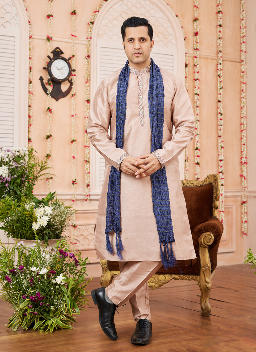 Beige Art Banarasi Silk Mens Kurta Pajama Set With Stole