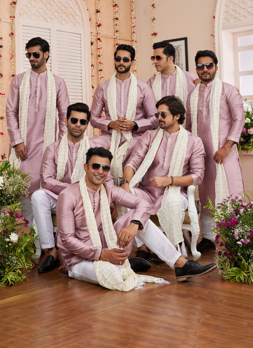 Blush Pink Art Banarasi Silk Mens Kurta Pajama Set With Stole