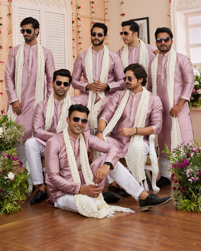 Blush Pink Art Banarasi Silk Mens Kurta Pajama Set With Stole
