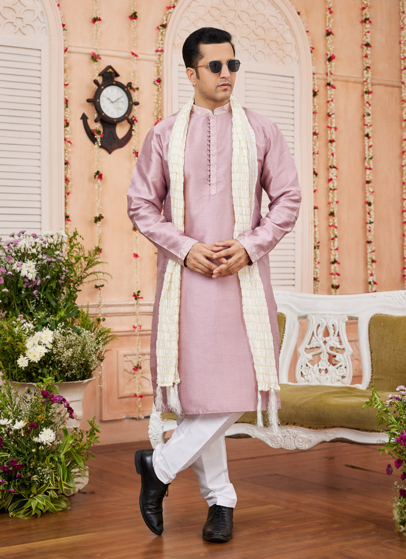 Blush Pink Art Banarasi Silk Mens Kurta Pajama Set With Stole