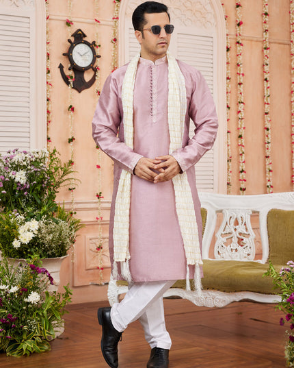 Blush Pink Art Banarasi Silk Mens Kurta Pajama Set With Stole