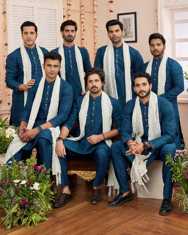 Peacock Blue Art Banarasi Silk Mens Kurta Pajama Set With Stole