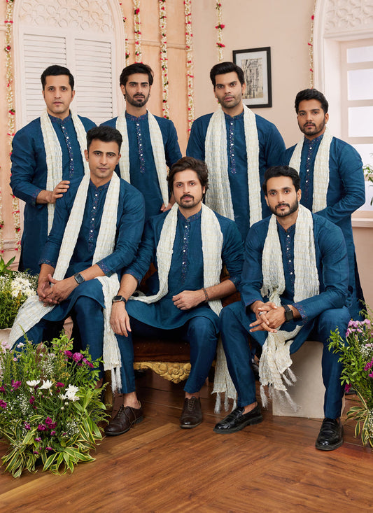 Peacock Blue Art Banarasi Silk Mens Kurta Pajama Set With Stole