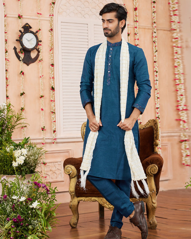 Peacock Blue Art Banarasi Silk Mens Kurta Pajama Set With Stole