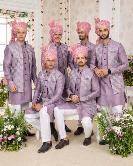 Mauve Art Banarasi Silk Mens Kurta Pajama Set With Jacket