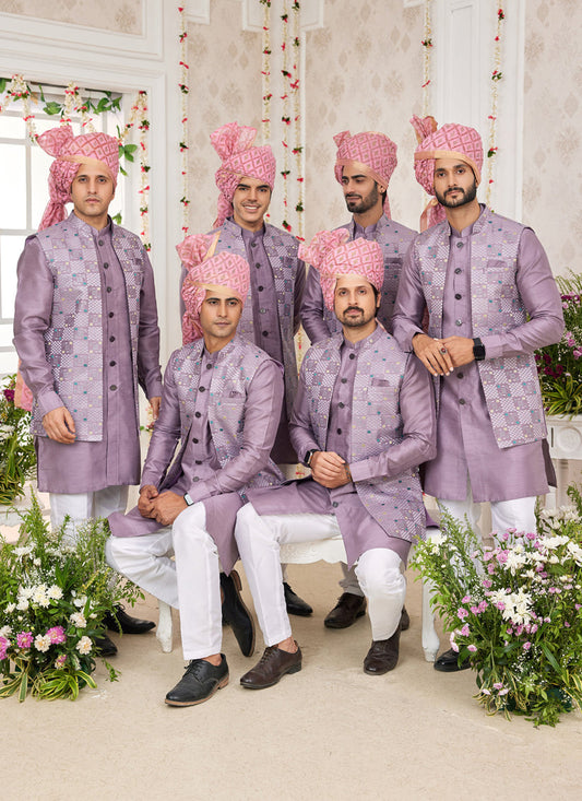 Mauve Art Banarasi Silk Mens Kurta Pajama Set With Jacket