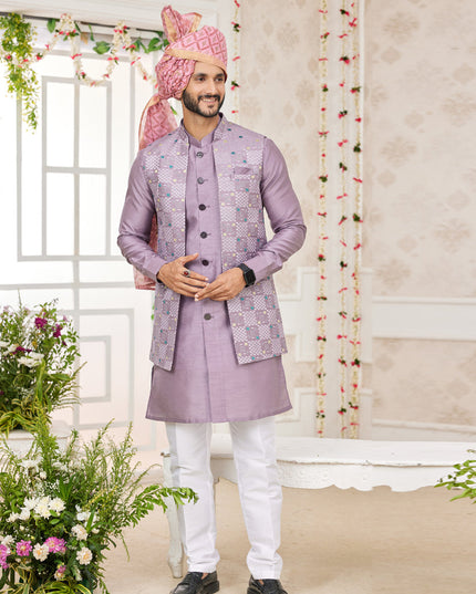 Mauve Art Banarasi Silk Mens Kurta Pajama Set With Jacket