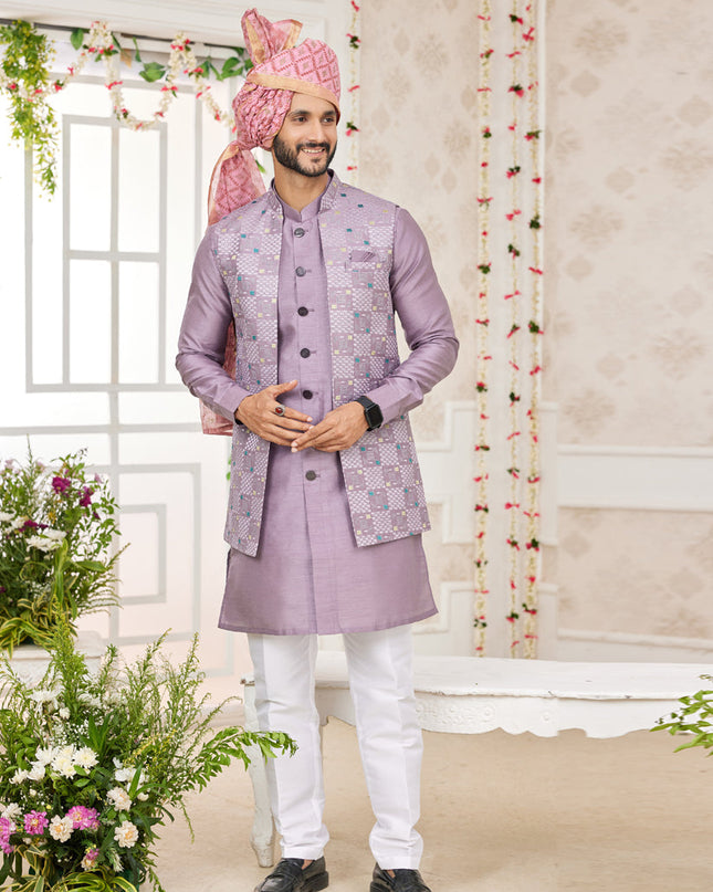 Mauve Art Banarasi Silk Mens Kurta Pajama Set With Jacket