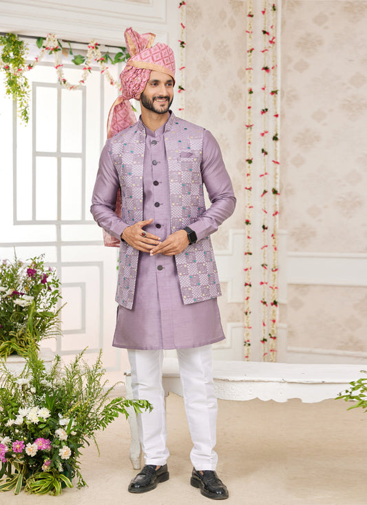 Mauve Art Banarasi Silk Mens Kurta Pajama Set With Jacket