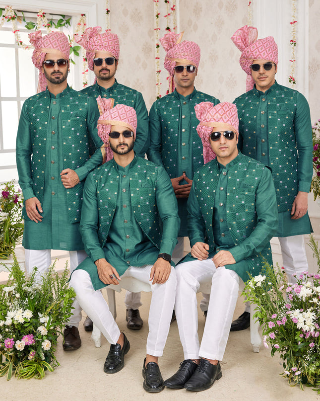 Emerald Green Art Banarasi Silk Mens Kurta Pajama Set With Jacket