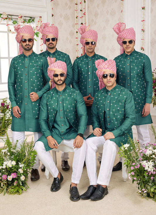Emerald Green Art Banarasi Silk Mens Kurta Pajama Set With Jacket