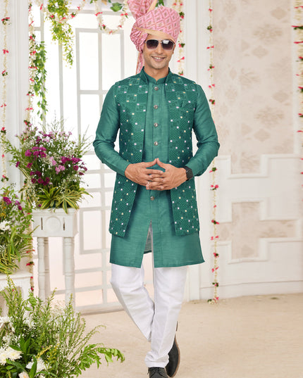 Emerald Green Art Banarasi Silk Mens Kurta Pajama Set With Jacket