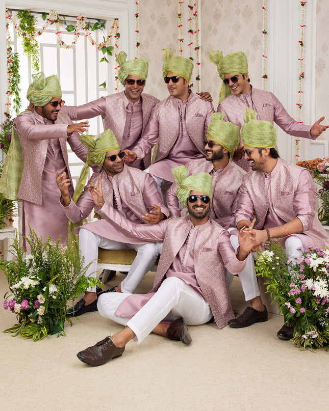 Old Rose Art Banarasi Silk Mens Kurta Pajama Set With Jacket