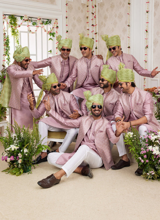Old Rose Art Banarasi Silk Mens Kurta Pajama Set With Jacket